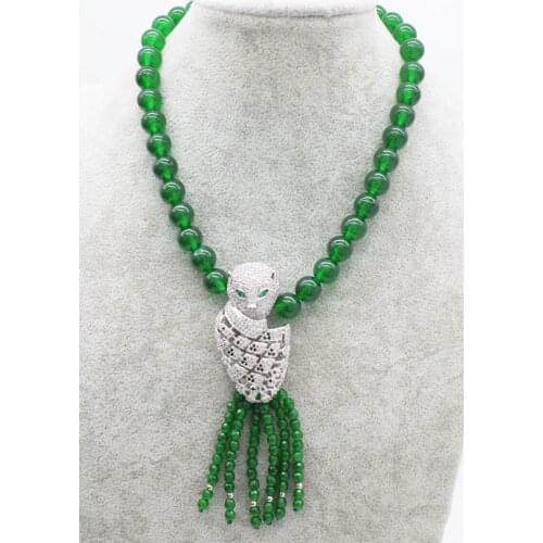 Green jade round 10mm and leopard pendant tessel necklace 19inch wholesale bead discount gift hot
