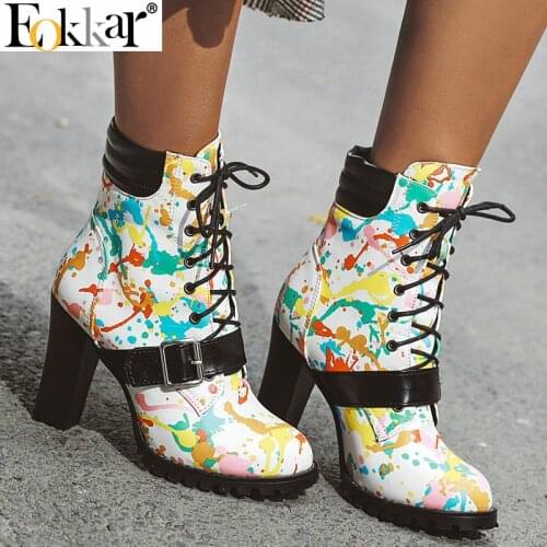Eokkar 2020 Women Ankle Boots Square High Heel Round Toe Multicolor Boots Shoes Lace Up Winter Boots Ladies Boot Size 34-43
