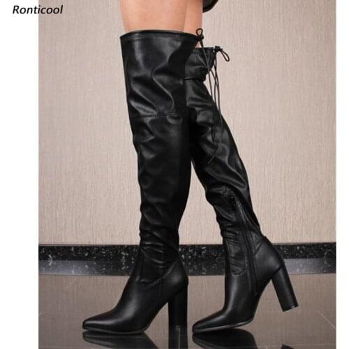 Ronticool Handmade Women Spring Thigh Boots Side Zipper Chunky Heels Pointed Toe Black Party Shoes Women Us Size 5-15