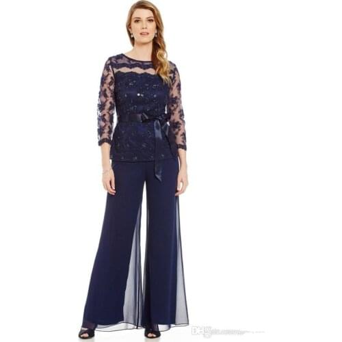 Fashionable Mother Of Bride Pant Suit Long Sleeves Lace Plus Size Mother Bride Beads Ribbon Evening Dresses Custom Made