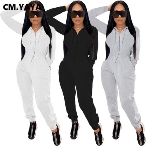 CM.YAYA 2020 Autumn Winter Long Sleeve Jumpsuit Women Active Wear Straight High Waist Rompers Hooded One Piece Overalls