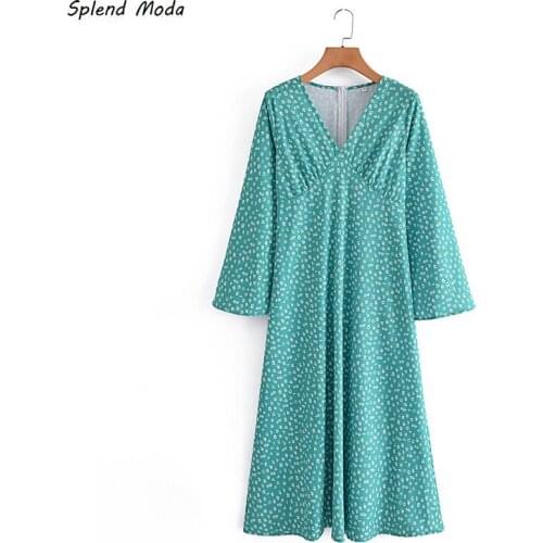 Splend Moda Fashion Vintage Autumn V-Neck Long-Sleeve Floral Print Folds Ankle-Length Dress Women Zipper Vestido Cottagecore
