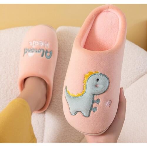 Winter Cotton Slippers Warm Women Shoes Lovely Cartoon Dinosaur Thick Soft Sole Indoor Bedroom Home Couple Men Fur Slippers