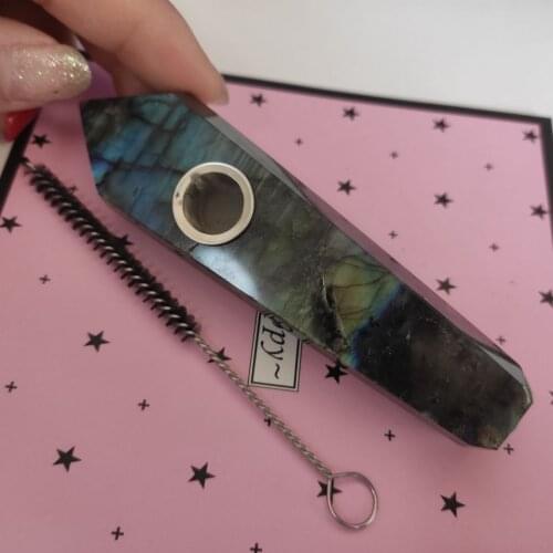 1pcs Natural gemstone quartz crystal labradorite pipe smoking tube for tobacco+1 brush