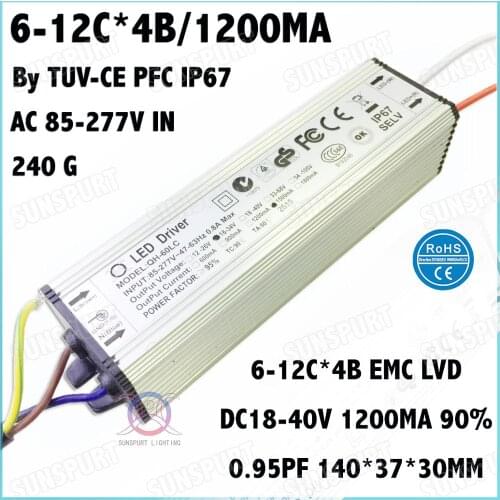 2 Pcs By TUV-CE IP67 PF 60W AC85-277V LED Driver 6-12Cx4B 1200mA DC18-40V Constant Current LEDPower For Spotlights Free Shipping