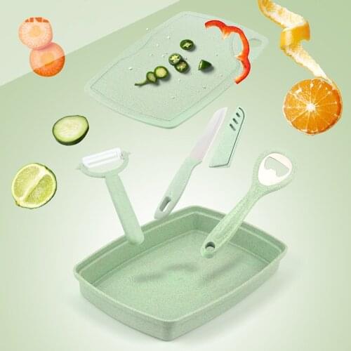 5Pcs BBQ Camping Stainless Steel Knives Set Tool Peeler Chef Knife Cutting Board Wheat Stalk Fruit Tray Storage Box