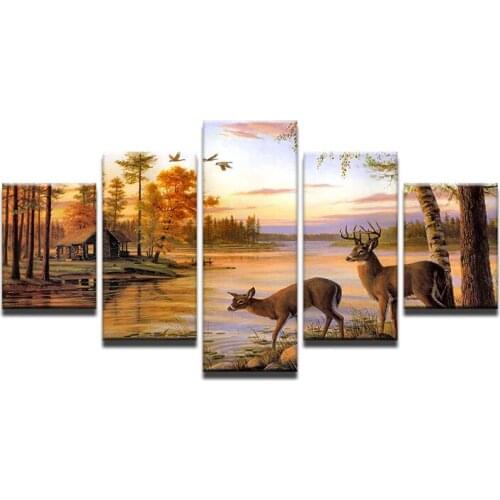 Canvas Wall Art Frame Home Decor Pictures 5 Pieces Forest Animal Deers Painting Antelope To Drink Water Poster HD Printed
