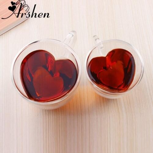 Arshen 240/180ml Double Wall Tea Cup Heat-resisting Creative Heart-shaped Double Glass Mug Tea Cups Juice Milk Coffee Mugs Gift