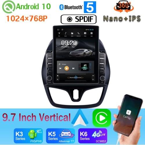 9.7" Vertical Tesla Android 10.0 Car Media Radio GPS PX6 4+64G For Chevrolet Spark Beat Matiz 2015-2019 Android auto 360 Camera