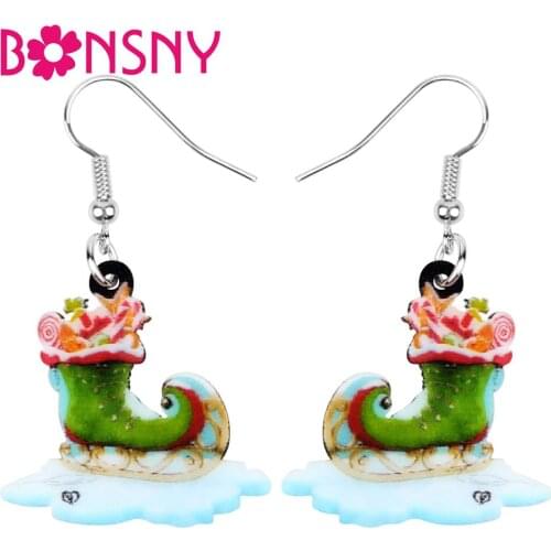 Bonsny Acrylic Christmas Anime Candy Skiing Sock Shoes Earrings Drop Dangle Jewelry For Women Girls Teens Party Gift Accessory
