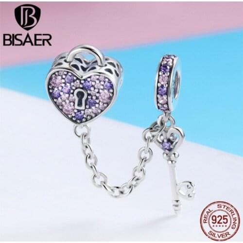 BISAER Real 925 Sterling Silver Key Lock of Heart Charms Pink CZ Heart Beads Fit for Women Bracelet DIY Jewelry Making ECC772
