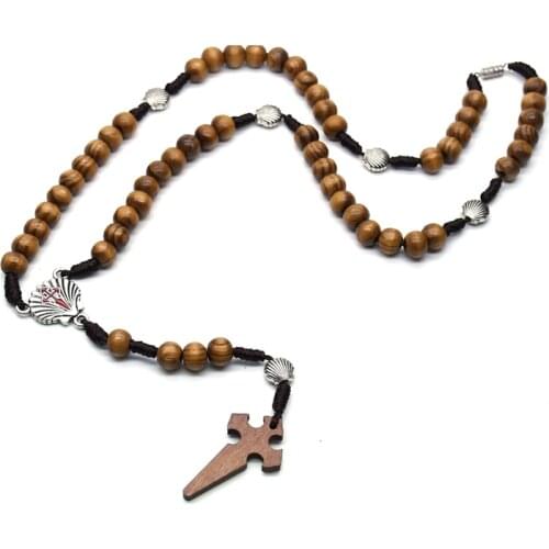 QIGO Wood Beads Strand Necklace Shell Cross Rosary Necklace Choker For Men Women Religious Jewelry
