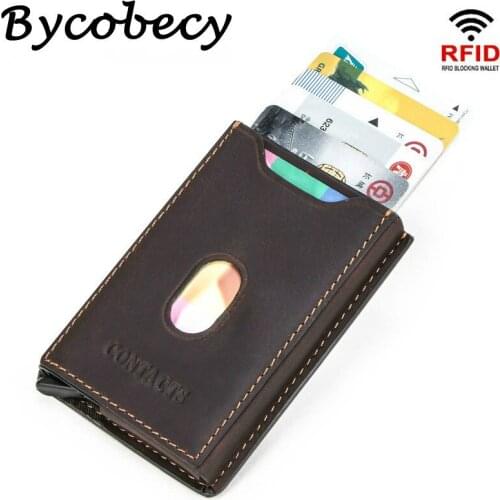 Bycobecy Men and Women Credit Card Holder Vintage Genuine Leather Card Wallet RFID Blocking Auto Pop-up Aluminum Card Case