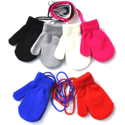 Children Gloves Winter Hanging Neck Knitted Soft Gloves For 1-4years Baby Kindergarten Kid Mittens Boys And Girls Soild Color