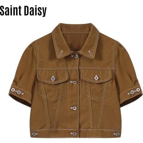 Denim Jacket Women Jean Brown Top Dropshipping Retro Plus Size Clothing Military Style Button Streetwear Single Breasted Vintage