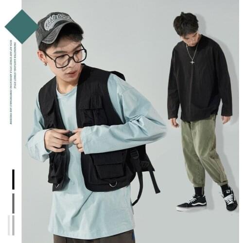 Autumn Trend Street Solid Color Long-sleeved T-shirt Mens Wild Loose Oversize Drop-shoulder Sleeve Cotton Round Neck T-shirt