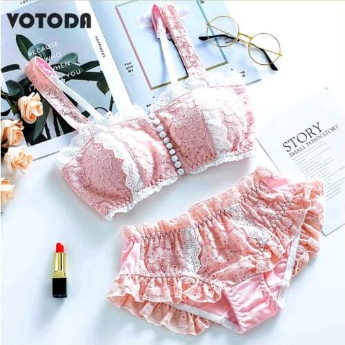 Women Cotton Bra Briefs Set Sweet Lace Ruffles Embroidery Lingerie Girls Lolita Pink&White Underwear Comfortable Wire Free Bras