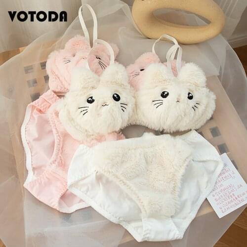 Girl Sweet Cute Cat Wire Free Comfortable Bra Set Cartoon Animie Underwear Suit Sexy Lace Plush Emroidery Women Lingerie Brifes