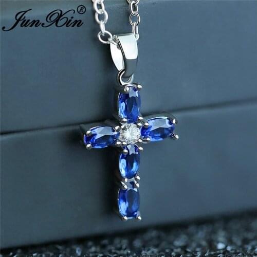 Royal Blue Stone Lucky Cross Pendant Necklaces For Women Silver Color Oval Crystal Wedding Clavicle Necklace Female Jewelry