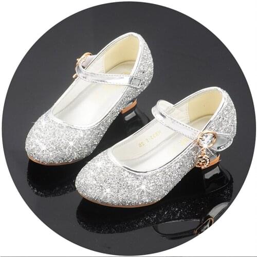 Girls Leather Wedding Shoes Baby Childrens Sequins Princess Sandals Enfants Kids High Heels Dress Party Shoes for Girls