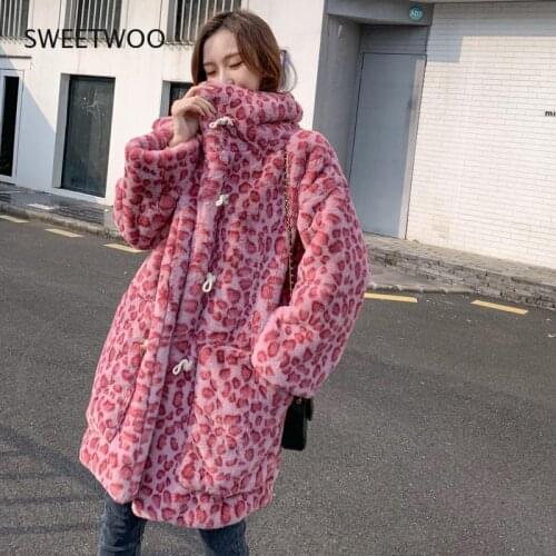Plush Jacket Women Winter Long 2021 New Korean Version of Loose Lamb Wool Faux Furrose Pink Leopard Print Fur Coat Women Winter