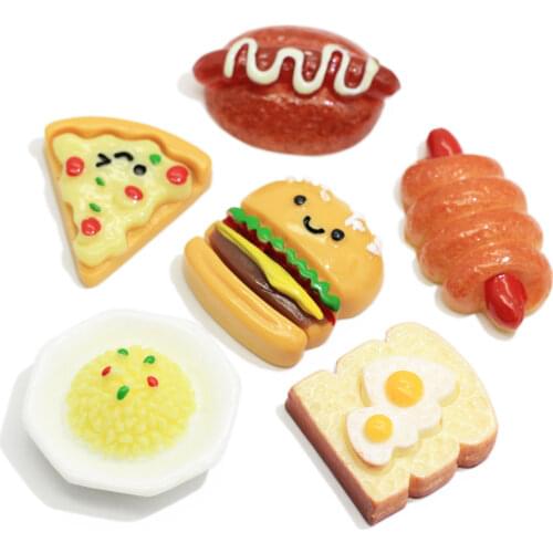 Fashion Hamburger Resin Food Stud Pizza Hot Dog Fried Egg Bread Resin Cabochons Pizza Resin Flatback Charm