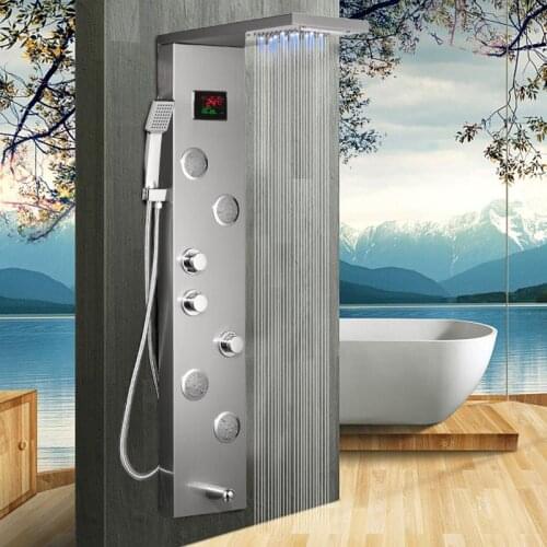 Monite Dark Grey Bathroom Rainfall Shower Golden Nickel Brush Solid Brass Massage Jets Head W/Hand Sprayer Shower Column Set