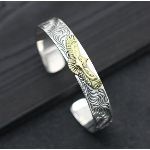 Mens Classic Punk Gold Color Flying Eagle Carved Metal Open Bracelet Bangles Glamour Rock Biker Jewelry