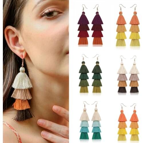 Hot Bohemian Fringe Long Gradient Multilayer Drop Earrings Women Fashion Jewelry Dangle Silk Fabric Ethnic Tassel Earrings
