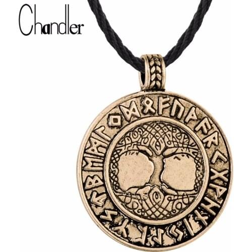 Chandler The Tree of Life Runes Pendant Necklace Nordic Talisman Colier For Male Man Unisex Rerto Old Jewelry Metal Round Amulet