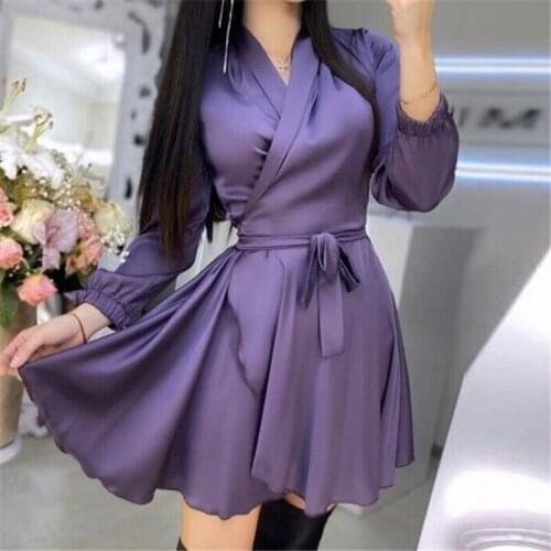 MUICHES Casual Lantern Sleeve Satin Bathrobe Dress Woman V-Neck High Waist Sashes A-Line Mini Dress One Piece Dress2021 New