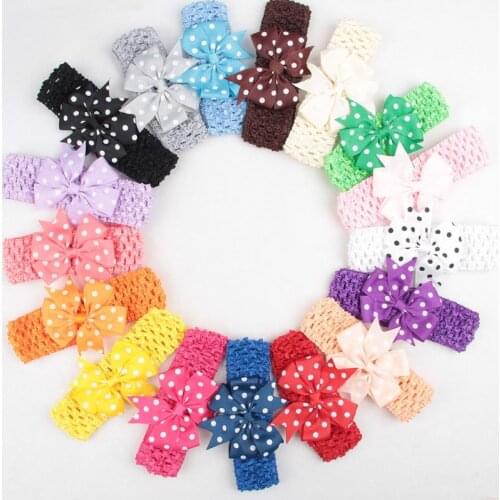 10pcs/lot Fashion Dovetail Bowknot Headband with Dots 24 Colors Handmade Crochet Elastic Hairband Baby Bows Headwear Photo Props