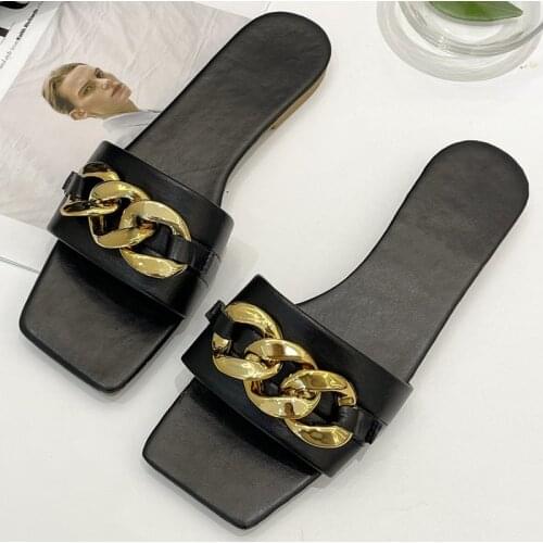 Womens 2021 Summer Sandals Slippers Metal Decorative Square Head Flat Heel Female Plus Size Outdoor Beach Comfortable Slides