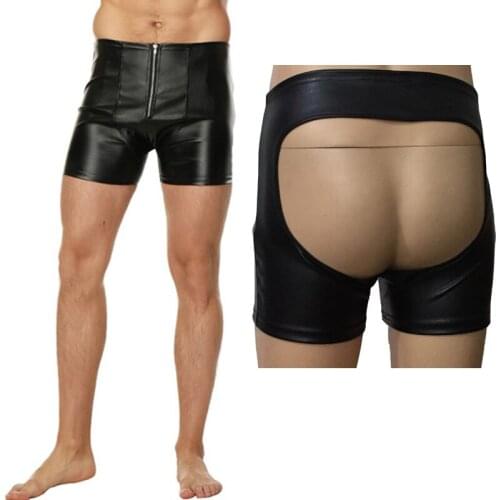 Sexy Lingerie Mens Exposed Buttocks Boxer Briefs Faux Leather Open Buttocks Shrots Underpants Nightclub Costume