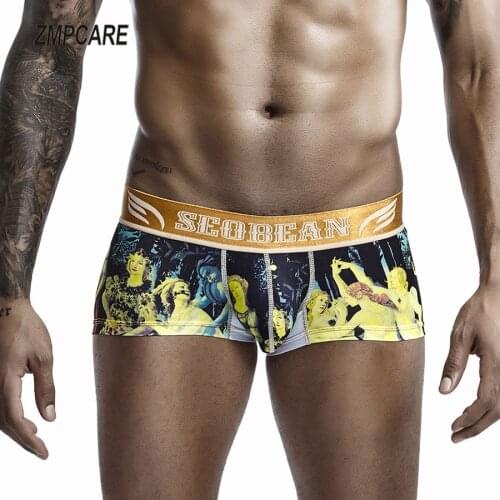 SEOBEAN Mens Boxer Shorts Underwear Ice Silk Low-waist Sexy Print Boxers Man Panties Male Underpants Plus Size M to XXL New