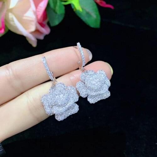 High quality rose flower drop earring 925 sterling silver with cubic zircon fine women jewelry for party decoration