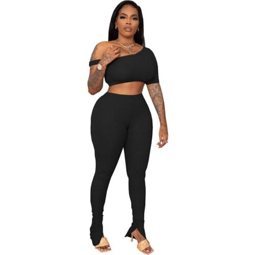 Sportwear 2 Piece Sets Womens Outfits Summer Casual Black Bodycon Tracksuit Women Activewear Crop Top and Slit Flare Pants Set