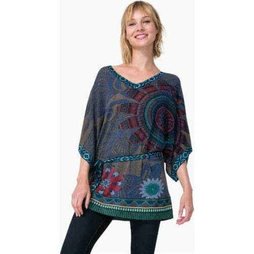 Spanish style loose bat sleeve knitted V-neck summer fashion print 2 colors top