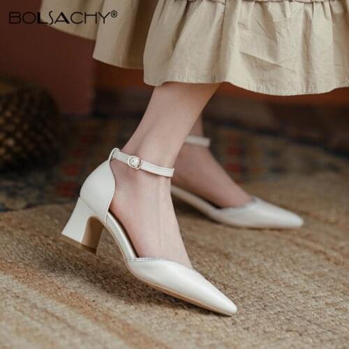 Fashion Women Shoes High heels 2021 Spring New Pointed toe Ankle Strap Rhinestone Ladies Pumps Block heels 31-43 Beige Apricot