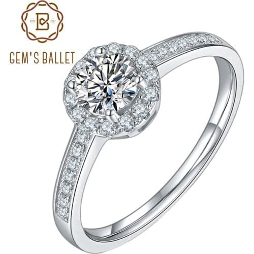 GEMS BALLET Halo Moissanite Engagment Rings 925 Sterling Silver 0.5Ct VVS1 Moissanite Diamond Ring For Women Wedding Jewelry