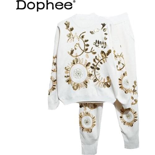 Golden Leaf Flower Embroidered Knitwear Female Slimming Skinny Pants 2021 Spring and Autumn Casual Fashion Elegant Two Piece Set