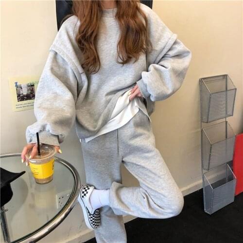 Women Sets Solid Hoodies Simple Female Sweatpants Elastic Waist Soft All-match Plus Velvet Loose Casual Korean Style Streetwear