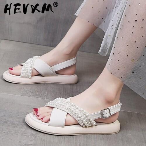 2021 New Summer Sandals Women Cross Belt Pearl Platform Thick Sole Roman Sandals Female Wild Casual Non Slip Outdoor Beach Shoes