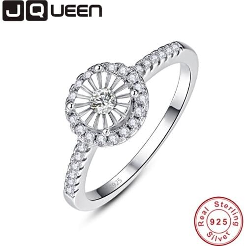 JQUEEN Classic Sun Flower 925 Sterling Silver Ring AAA Round White Zircon Crystal Wedding Ring for Women Jewelry bague femme
