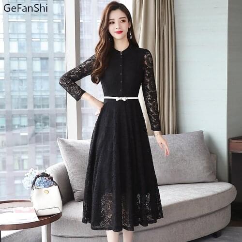 Women Autumn Winter Vintage Solid O-Neck Button Long Sleeve A-line Lace Dress Fashion Casual Elegant Formal Dresses Robe