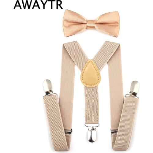AWAYTR Brand 2017 High Elastic Solid Kid Suspenders Baby Boy Girl Khaki Suspenders Set Children Clothing Accessories Bowtie