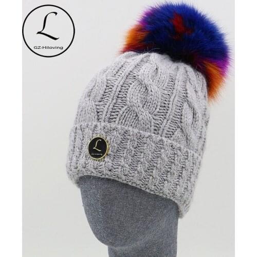 2017 Knitted Hats With Labeling Spiral Striped Womens Beanies Cap Multicolor Big Real Fox Fur Winter Hat Unisex Gorros 6731