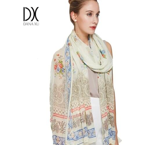 2019 Fashion Hijab Bandana Long Shawls Gold Printing Silk Scarf Luxury Brand Floral Flower Scarves Women With Beach Face Shield