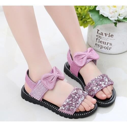 2021 Summer Sandal Little Girl Beach Fashion Glitter Bow Princess Shoes Child Pink Big Kid Flat Shoes 3 5 6 7 8 9 10 11 12 Years