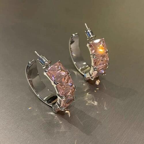 2021 New Trend Korean Geometric C Shaped Elegant Pink Crystal Zircon Hoop Earrings For Women Wedding Party Aesthetic Jewelry